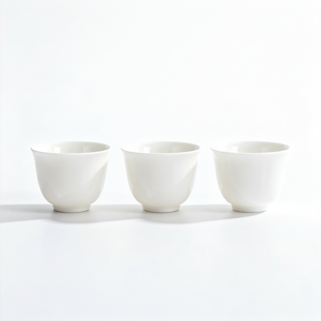 Set of three white handleless ceramic tea cups with flared rims and rounded feet on a white background