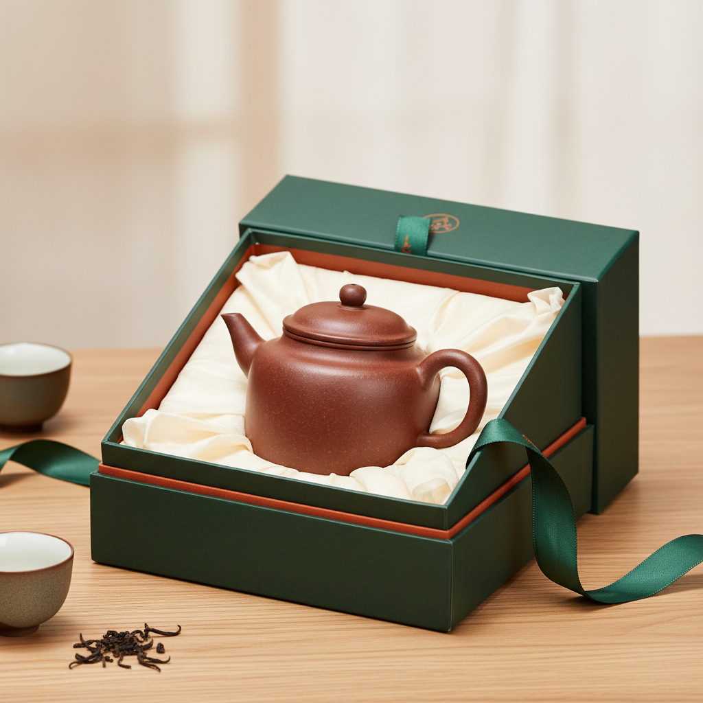 Warm reddish-brown covered teapot presented in an elegant green and ivory gift box
