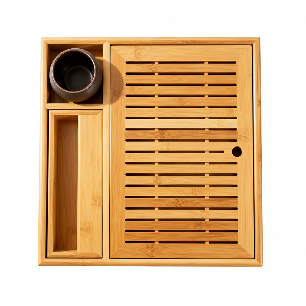 Large rectangular bamboo tea tray with drainage slots, raised border and integrated side storage compartments