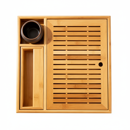 Large rectangular bamboo tea tray with drainage slots, raised border and integrated side storage compartments