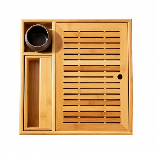 Large rectangular bamboo tea tray with drainage slots, raised border and integrated side storage compartments