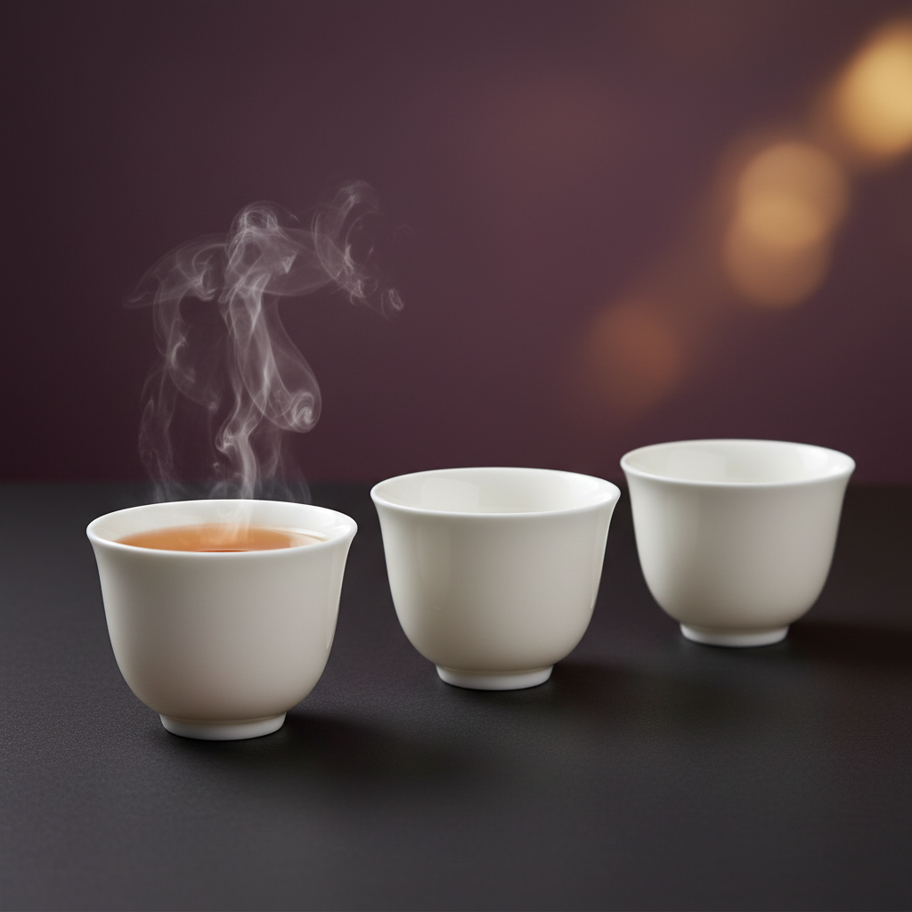 Three white handleless ceramic tea cups with one cup filled with warm tea and steam