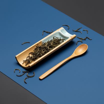 Bamboo tea scoop and leaf tray with pale celadon insert on a cobalt blue surface with loose tea
