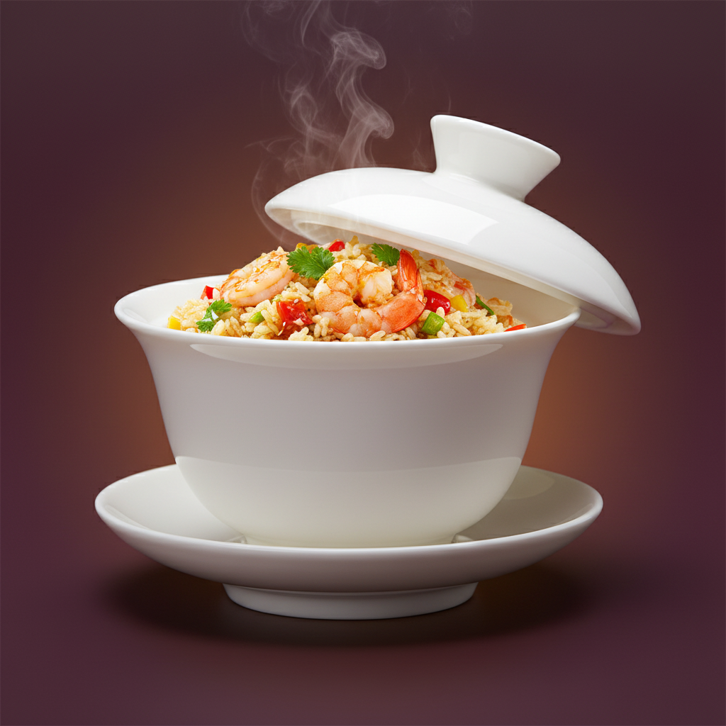 White covered serving bowl with lid lifted to reveal a colorful warm dish