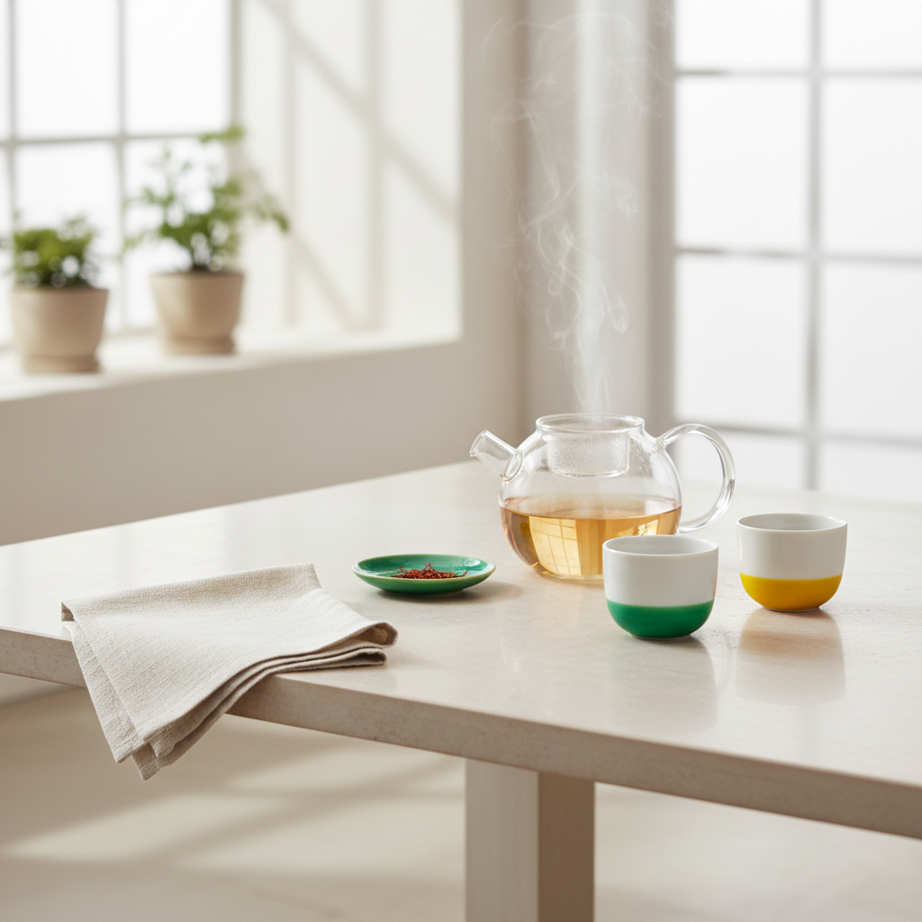 Natural ivory linen tea towel beside a glass teapot and colorful cups in a bright room