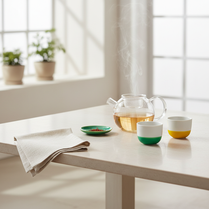 Natural ivory linen tea towel beside a glass teapot and colorful cups in a bright room