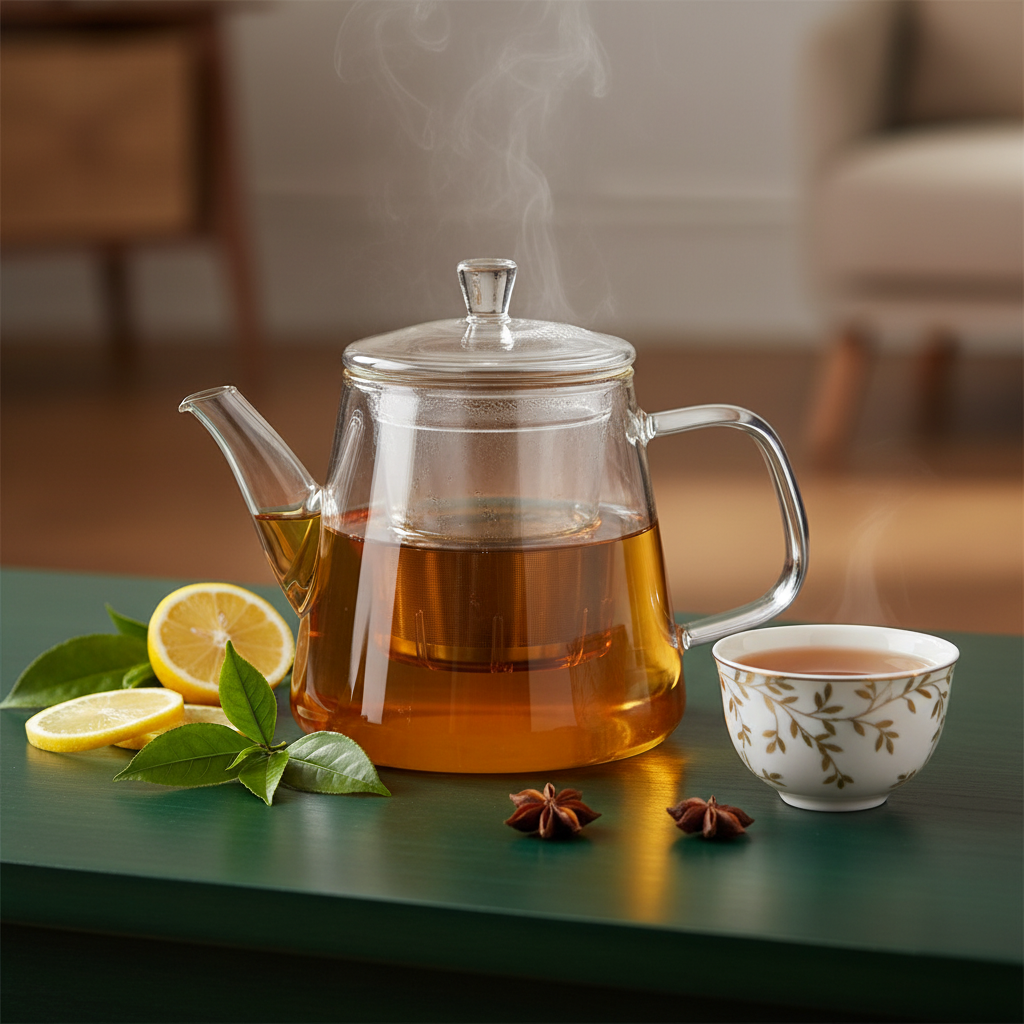 Clear glass infuser teapot filled with amber tea on an emerald tea table with lemon and leaves