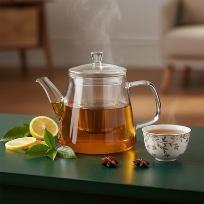 Clear glass infuser teapot filled with amber tea on an emerald tea table with lemon and leaves
