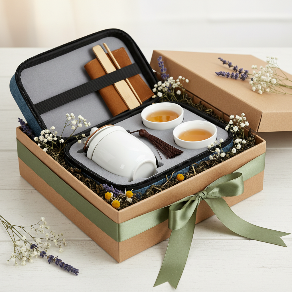 Blue portable tea travel set presented in a kraft gift box with dried flowers and a sage ribbon
