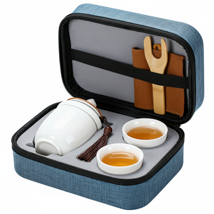 Close-up of the blue tea set case with black zipper, interior straps, bamboo tools, brown sleeve and tassel