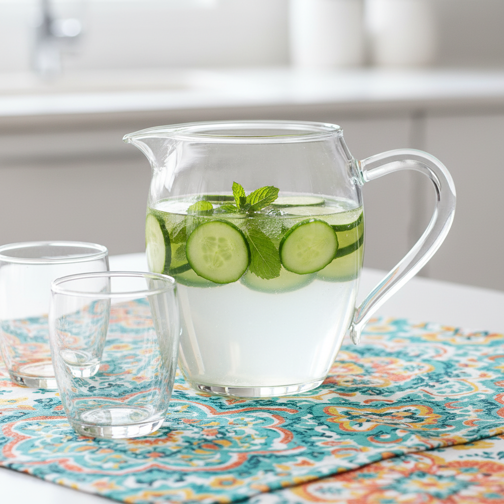 Clear glass pitcher filled with cucumber and mint water on a colorful patterned table