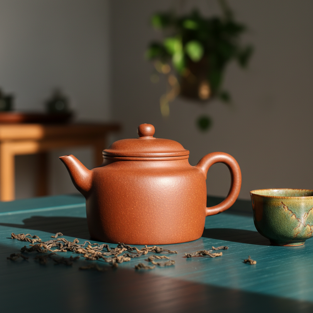 Warm reddish-brown covered teapot on a teal tea table with loose tea leaves and a cup