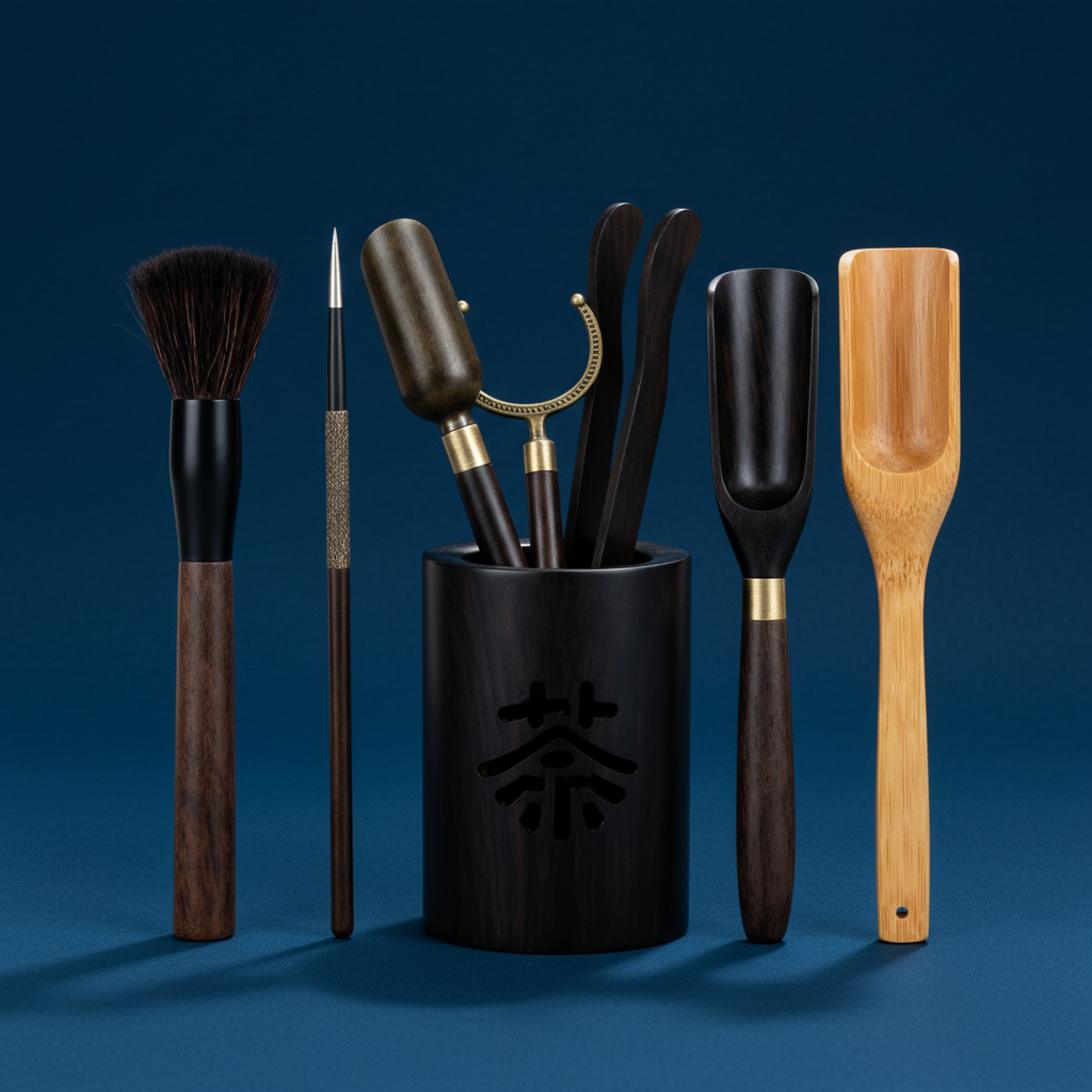 Black tea ceremony utensil holder with brush, scoop, needle and wooden bamboo tool on a cobalt surface