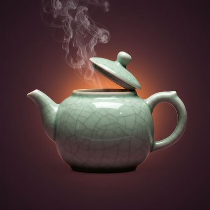 Pale sage green crackle-glaze teapot with lid lifted and steam against a plum background