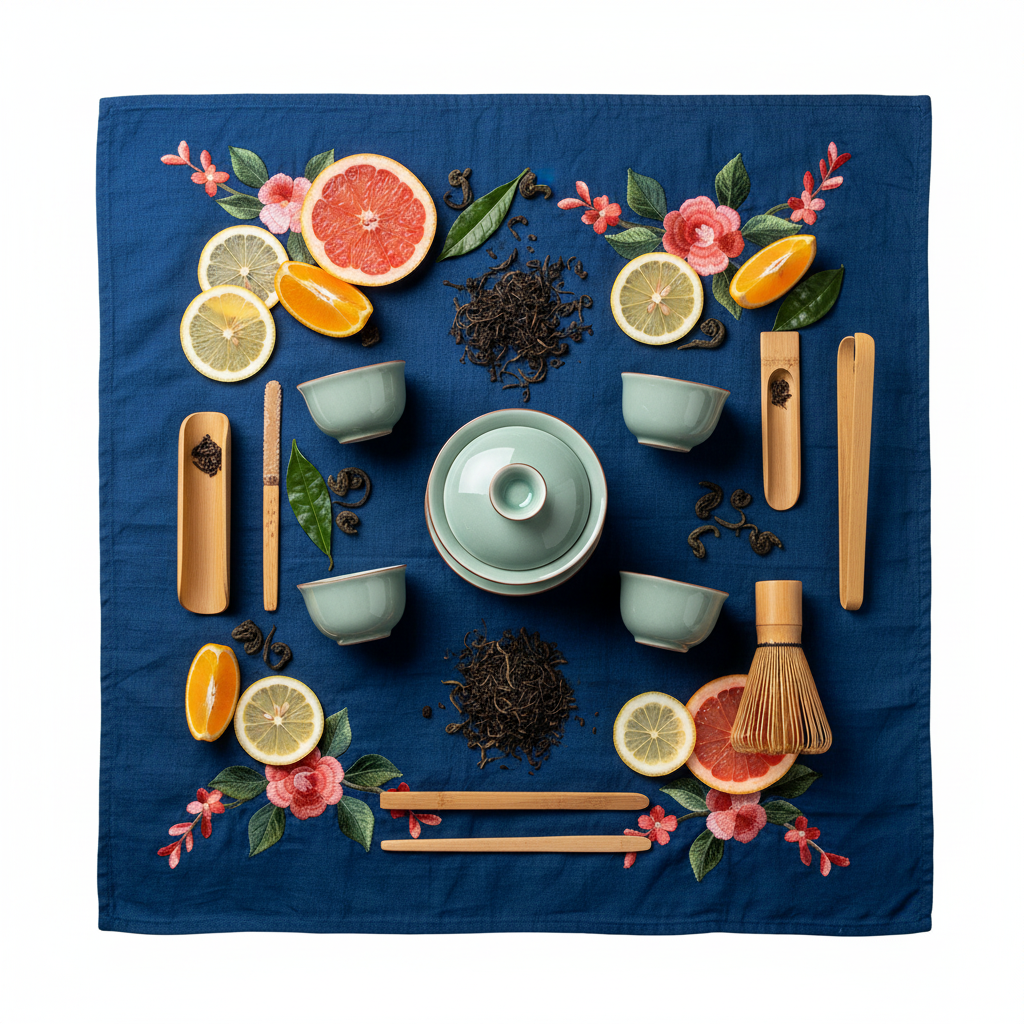 Pale celadon gaiwan and four cups styled with citrus, flowers, loose tea and bamboo tools on blue cloth
