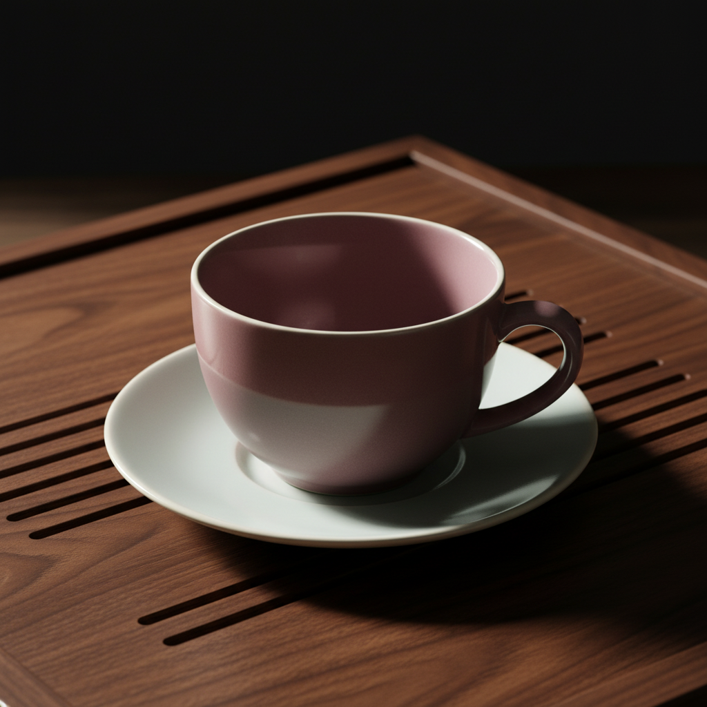 Pale celadon ceramic tea saucer beneath a plum cup on a dark walnut tea tray