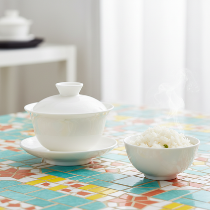White covered serving bowl set on a colorful mosaic-inspired tabletop