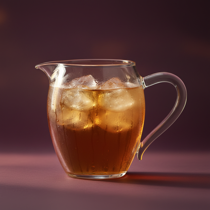 Clear glass pitcher filled with amber iced tea and ice on a plum background