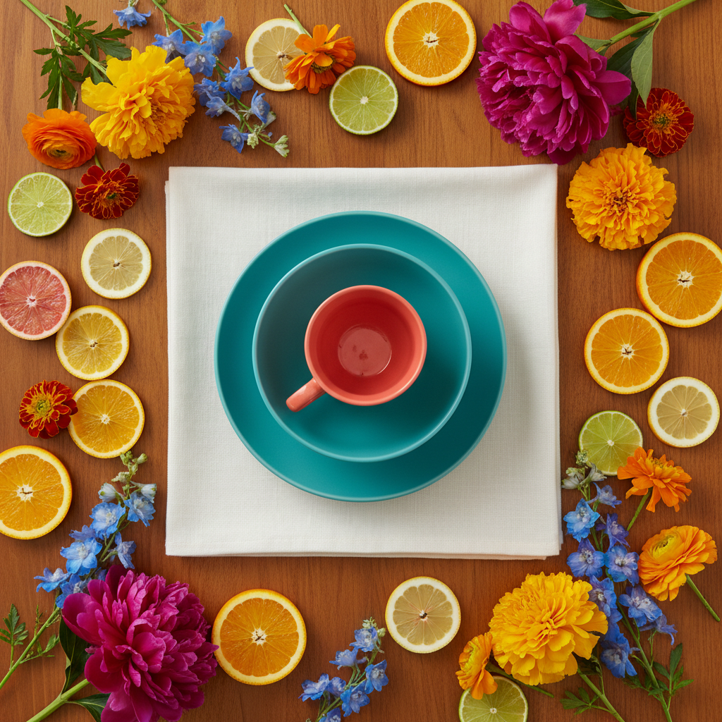 Square off-white linen tea napkin styled with a coral cup, turquoise bowl, citrus and colorful flowers