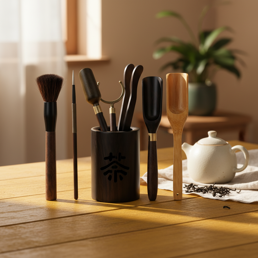 Black tea tool holder with coordinated tea utensils on a warm wood table beside a white teapot