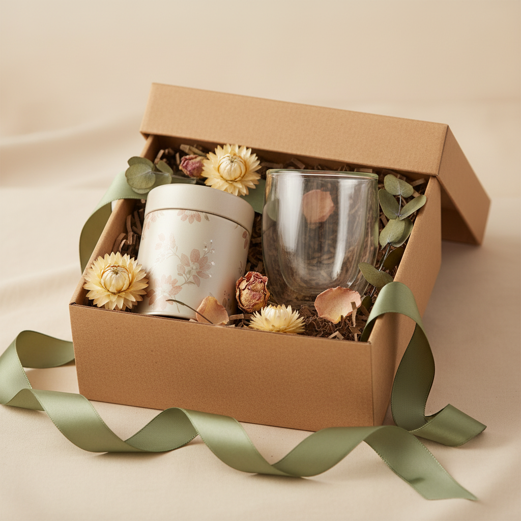 Clear double-wall glass tea cup presented in a kraft gift box with tea accessories and a sage ribbon