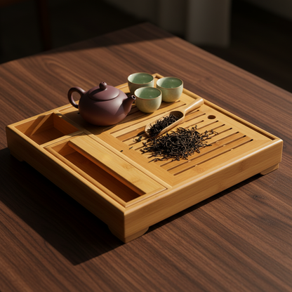 Large bamboo tea tray with plum teapot, celadon cups and loose tea on a dark walnut table