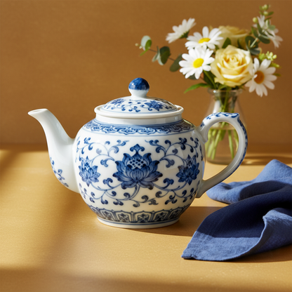 White and blue floral ceramic teapot on a mustard counter with flowers and a blue napkin