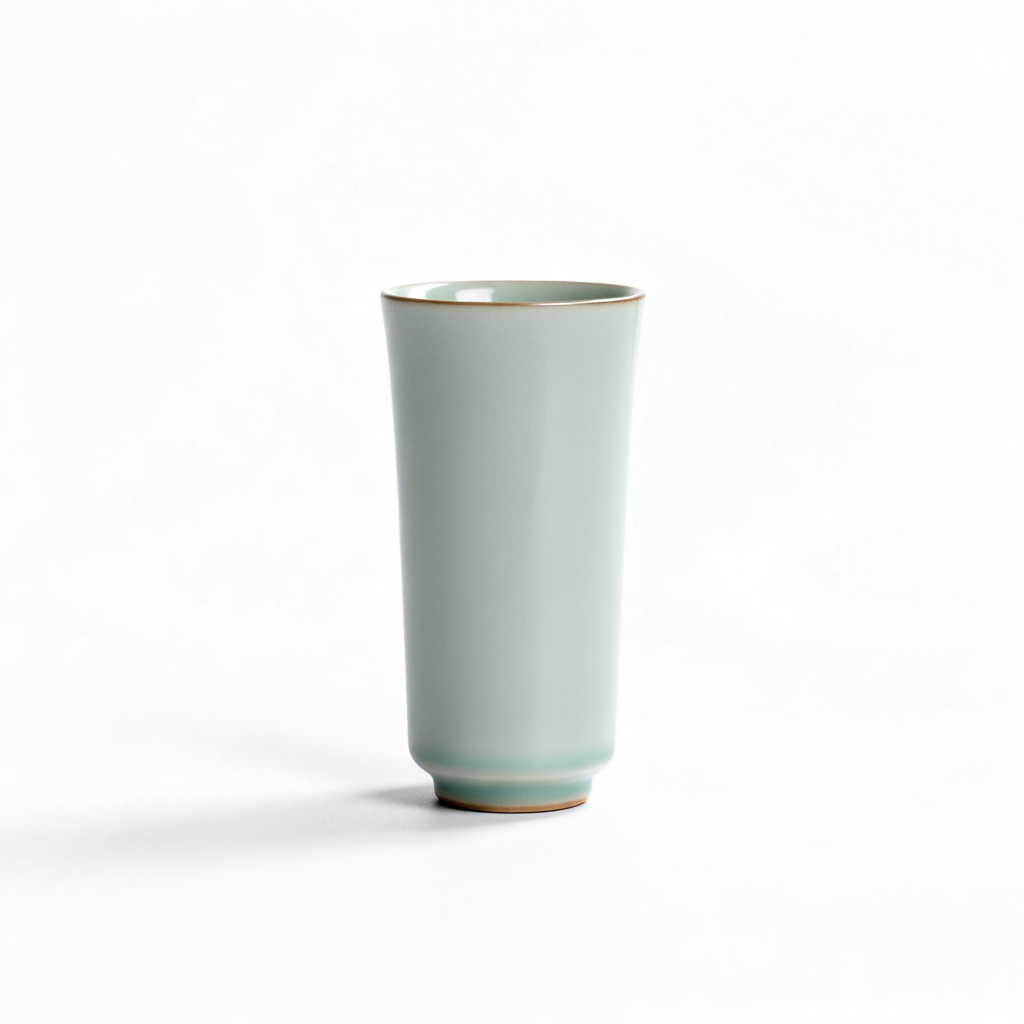 Tall pale celadon green ceramic tea cup with flared rim and rounded foot on a white background