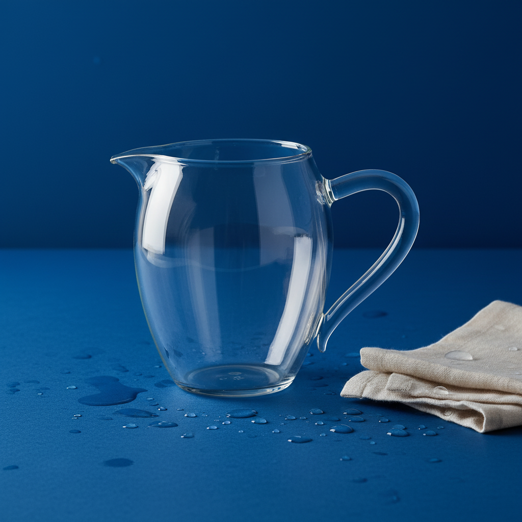 Clear glass water pitcher on a cobalt blue surface with water droplets and folded linen
