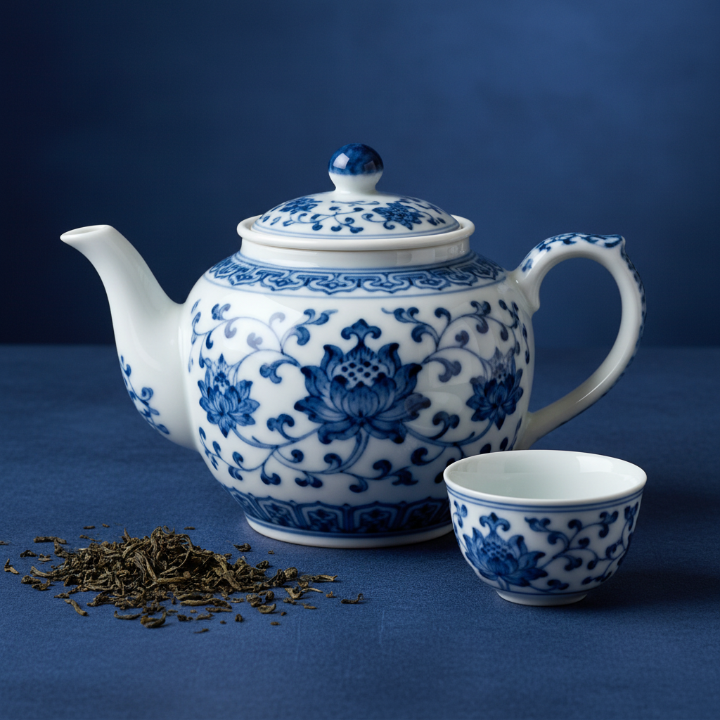 White ceramic teapot with cobalt floral pattern on a deep indigo surface with tea leaves and a cup