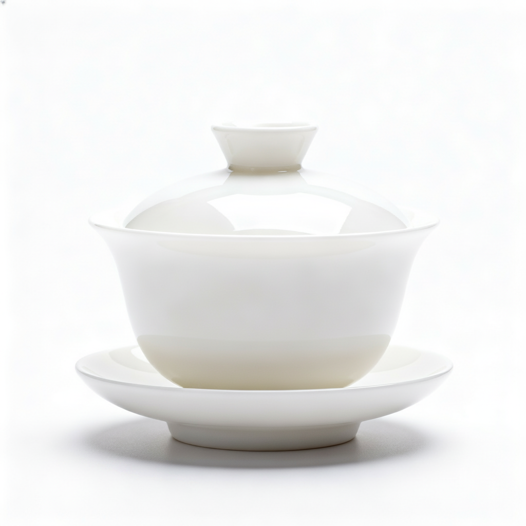 White covered ceramic serving bowl with matching saucer on a clean white background