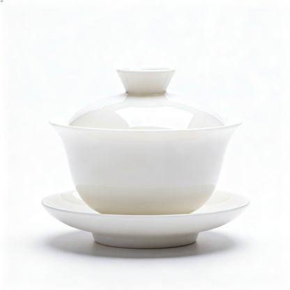 White covered ceramic serving bowl with matching saucer on a clean white background