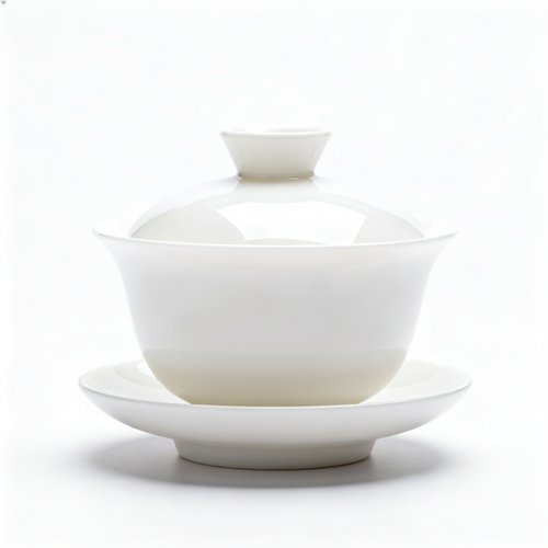 White covered ceramic serving bowl with matching saucer on a clean white background