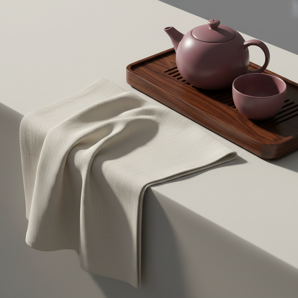 Off-white square linen tea napkin draped beside a walnut tea tray with plum teaware