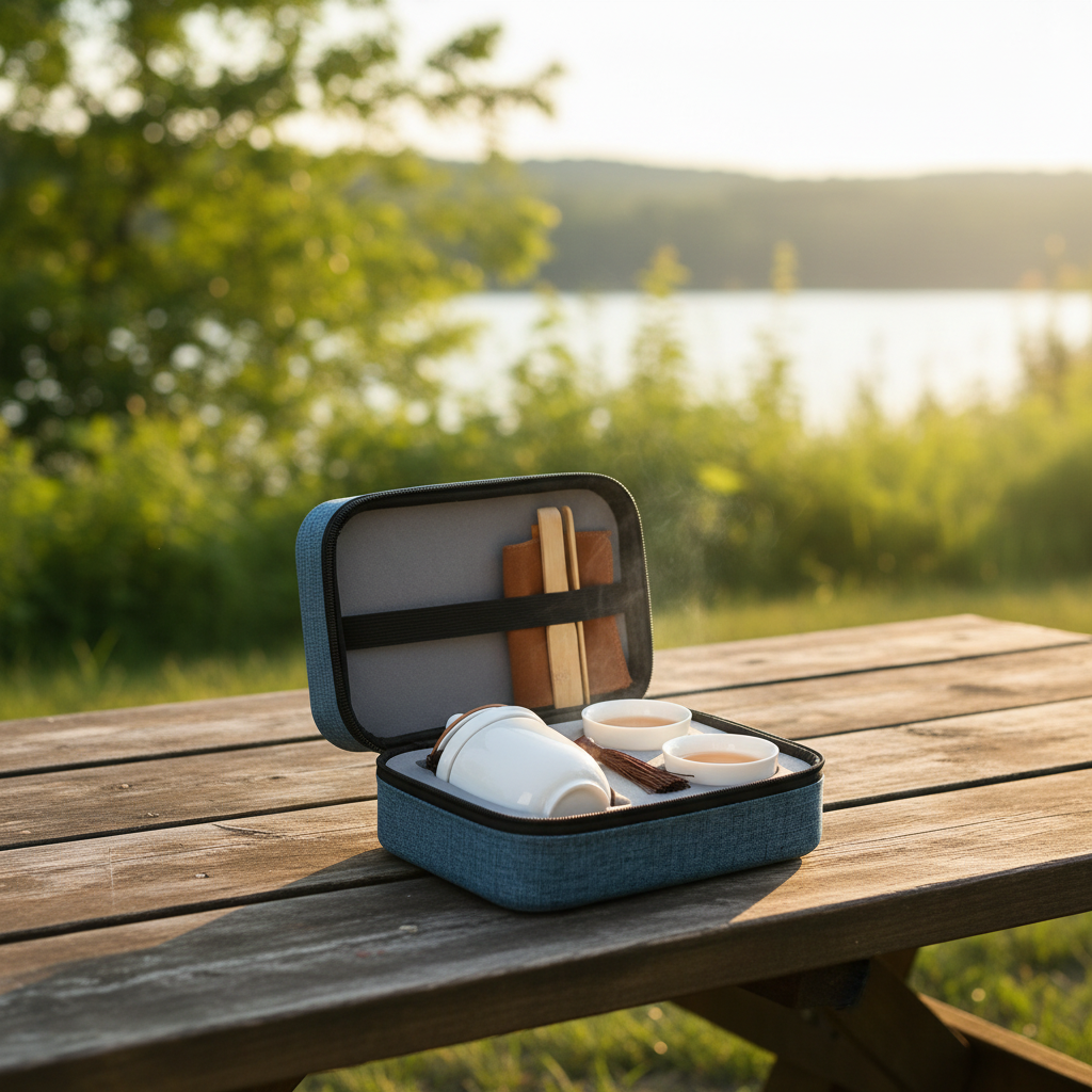 Blue portable tea travel set open on a wooden outdoor table beside a scenic lake