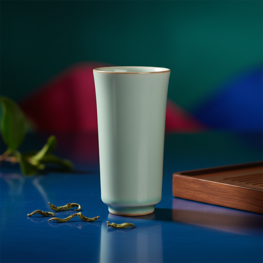 Tall pale celadon green ceramic cup on a cobalt blue tea table with loose tea leaves