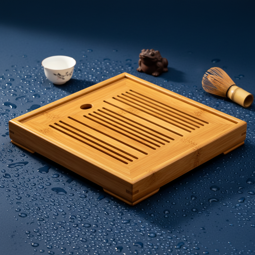 Large bamboo tea drainage tray with slotted surface on a cobalt blue surface with water droplets and tea tools
