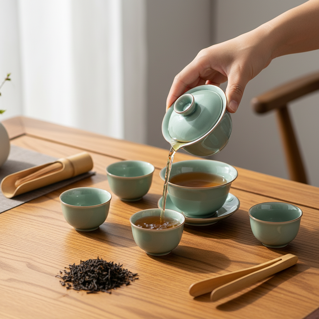 Pale celadon gaiwan pouring tea into four matching cups on a wooden tea table