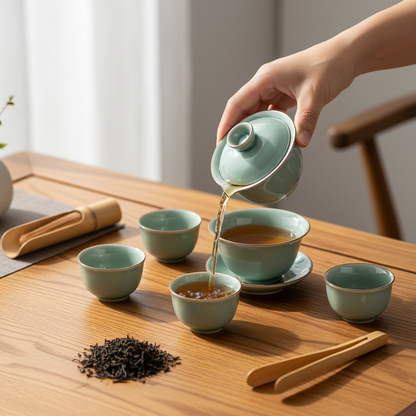 Pale celadon gaiwan pouring tea into four matching cups on a wooden tea table