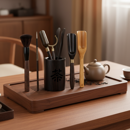 Black tea tool holder and coordinated tea tools on a walnut tea tray beside a teapot