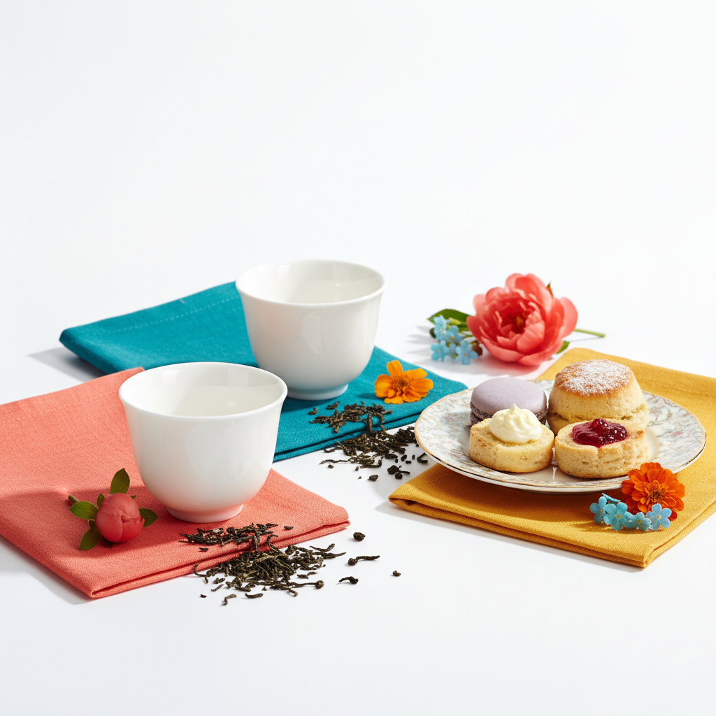 Three white handleless ceramic tea cups with tea leaves, pastries and colorful linens