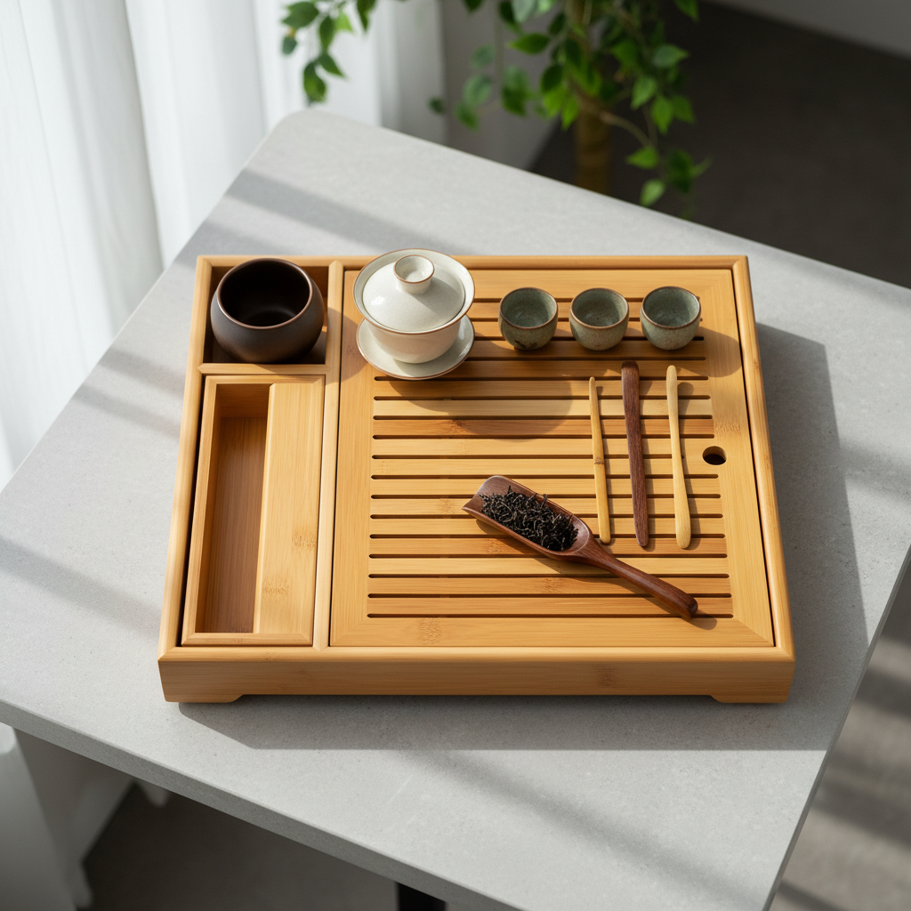 Large bamboo tea tray arranged with a ceramic gaiwan, tasting cups, tea tools and loose leaves on a bright table