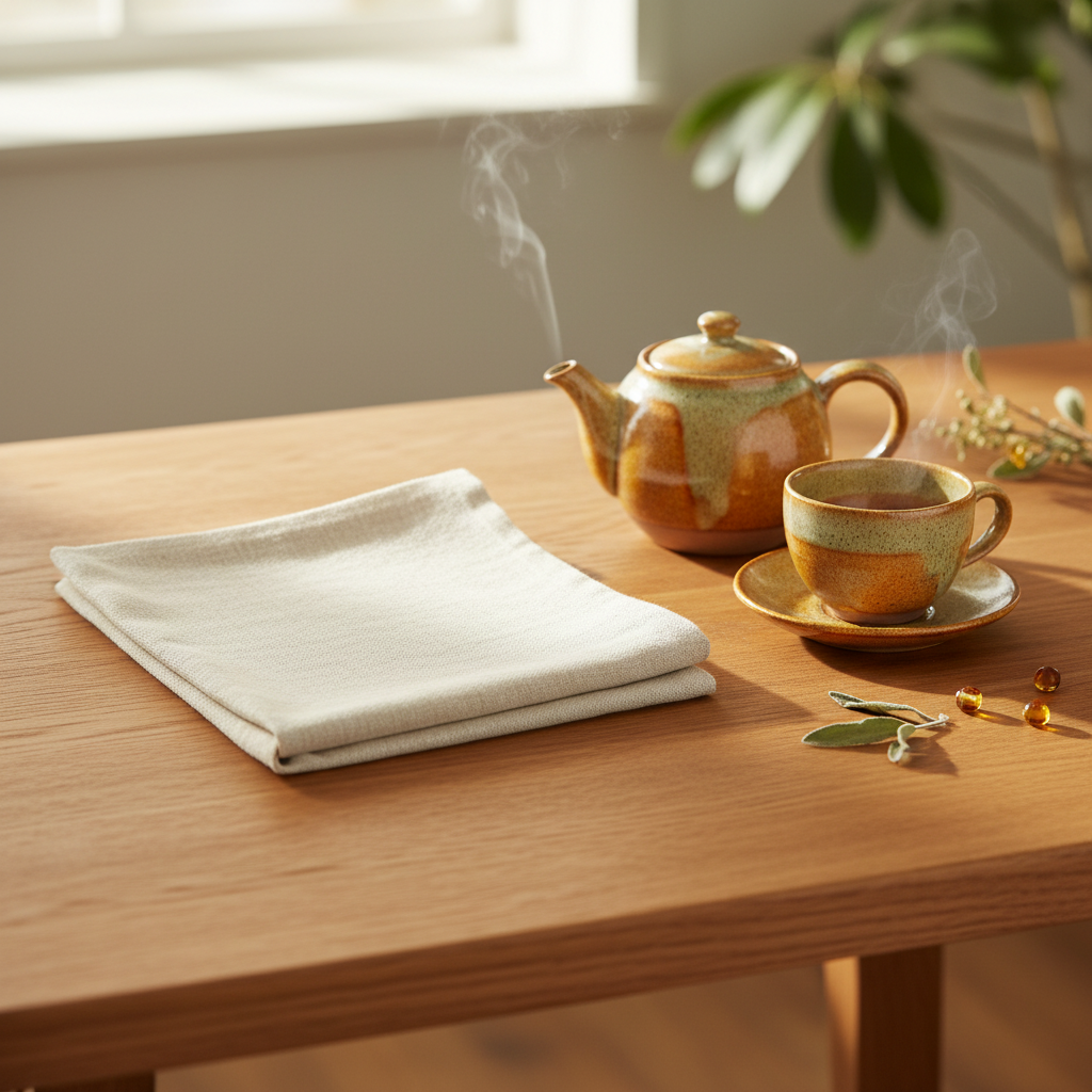 Natural ivory linen tea towel beside a ceramic teapot and cup on a wooden tea table