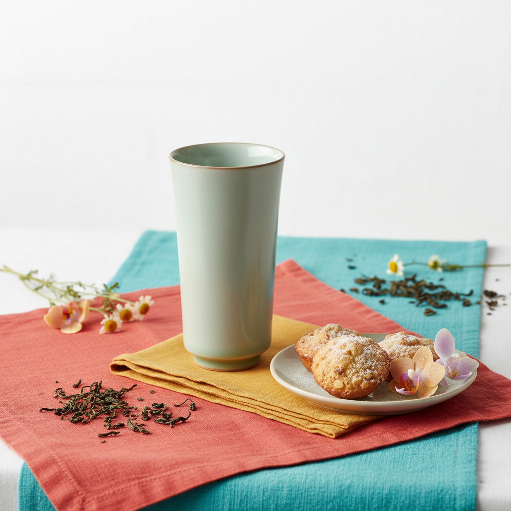 Tall pale celadon green tea cup on coral, turquoise and saffron linens with pastries