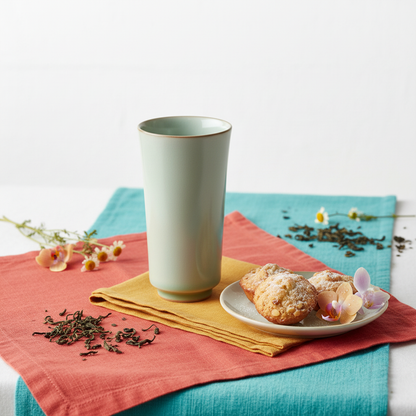 Tall pale celadon green tea cup on coral, turquoise and saffron linens with pastries