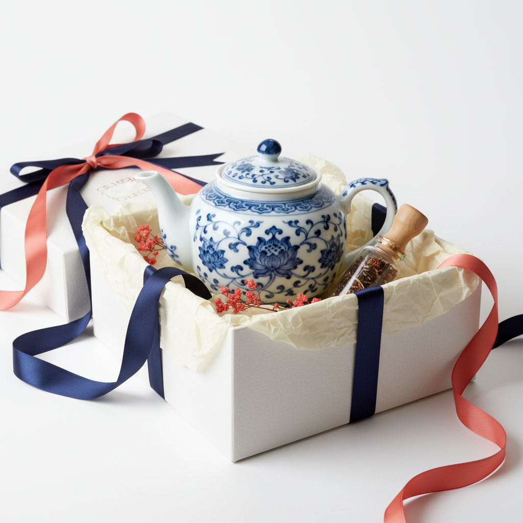 White ceramic teapot with cobalt floral pattern arranged in an elegant gift box with navy and coral ribbon