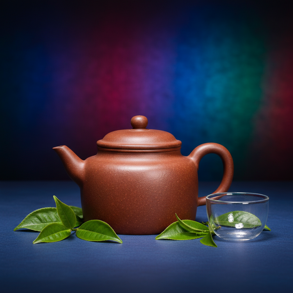 Warm reddish-brown teapot with lid on a deep indigo table with green tea leaves and a glass cup