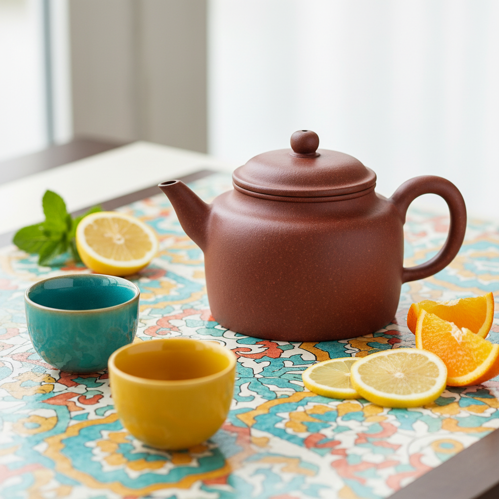 Warm reddish-brown covered teapot on a colorful patterned table with citrus and tea cups