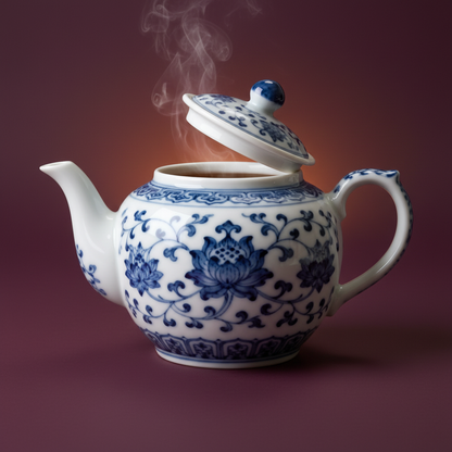 White and blue floral ceramic teapot with lid lifted, warm tea and steam against a plum background