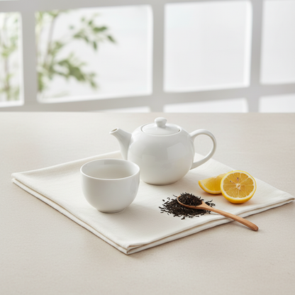 Square off-white linen tea napkin beneath a teapot and cup with loose tea, lemon and a wooden spoon